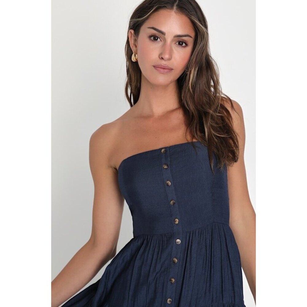 Lulus Sweetness And Sunshine Navy Strapless Midi Dress With Pockets Blue